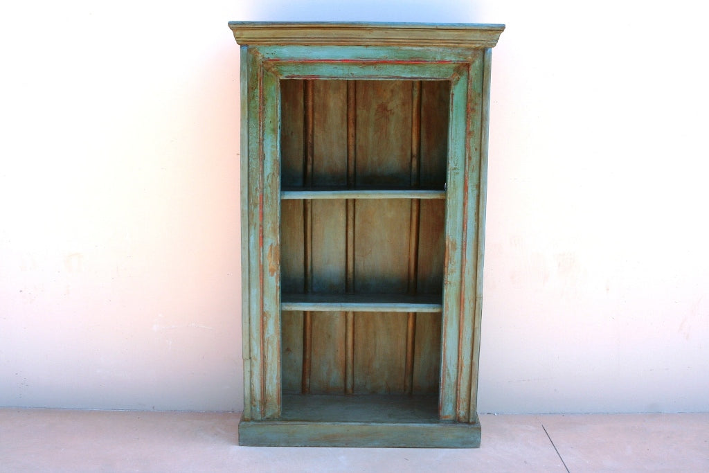 Libreria Indiana A 3 Ripiani In Legno Di Teak Laccata Azzurra. Dimensioni 94x35xh155cm.